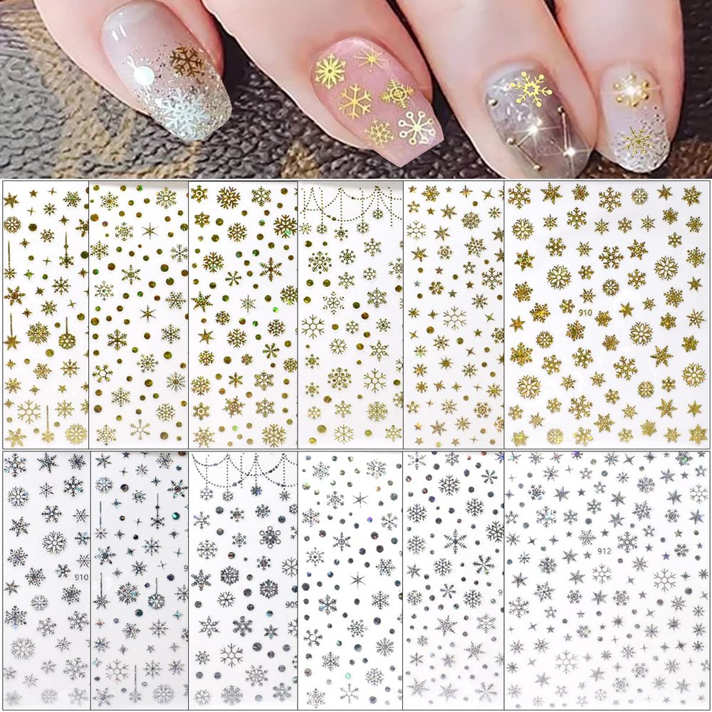 12 Sheets Christmas Snowflake Nail Art Stickers,Gold Nail Supplies Snowflake Nail Decals Metallic Snowflakes Glitter Gold Silver Nail Designs for Christmas Nail Decorations Xmas Manicure Accessories