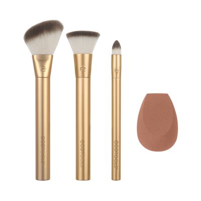 EcoTools Precious Metals Face Blend & Sculpt Set, Makeup Brush Set For Foundation, Concealer, & Powder, Makeup Sponge, Eco-Friendly, Recycled Aluminum, Chrome, Cruelty-Free, 4 Piece Set