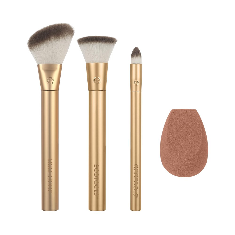 EcoTools Precious Metals Face Blend & Sculpt Set, Makeup Brush Set For Foundation, Concealer, & Powder, Makeup Sponge, Eco-Friendly, Recycled Aluminum, Chrome, Cruelty-Free, 4 Piece Set