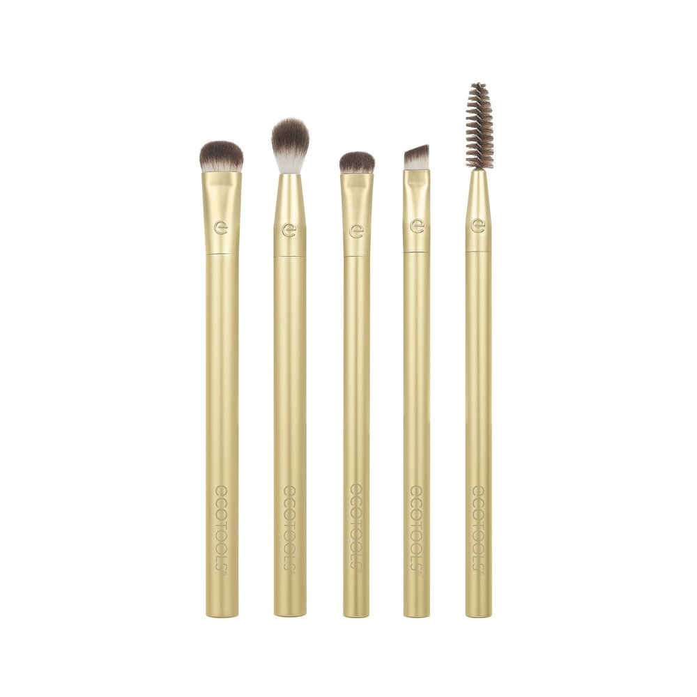 EcoTools Precious Metals Brightening Eye Kit, Precision Makeup Brushes For Eyeshadow, Brows, & Liner, Eco-friendly Makeup Brush Set, Sustainable Recycled Aluminum, Cruelty-Free, Chrome, 5 Piece Set