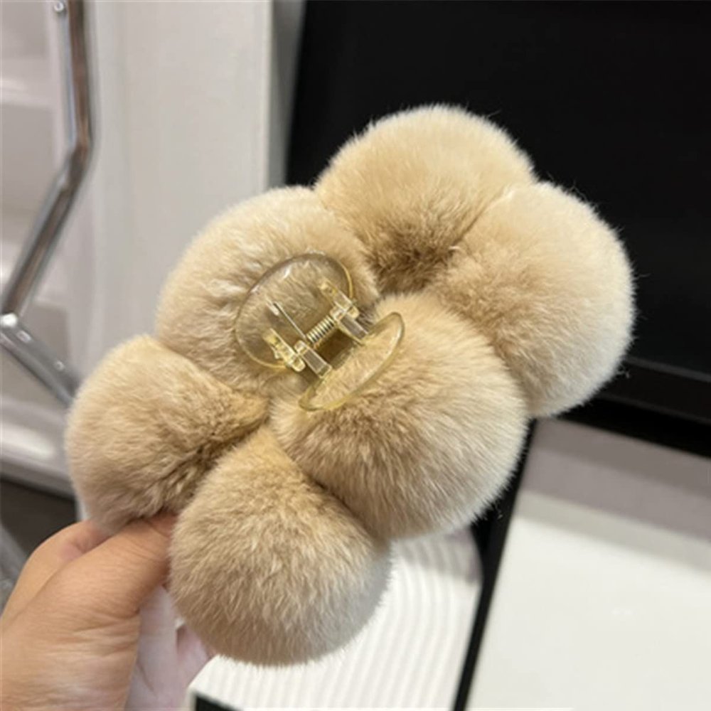 Czsycdsf 5.9" Fluffy Plush Ball Large Hair Claw Clips, Cute Soft Faux Rex Rabbit Fur Pom Pom Ball Big Hair Clips Strong Hold Jaw Clip Autumn Winter Hair Accessories for Women Girls Thick Curly Hair