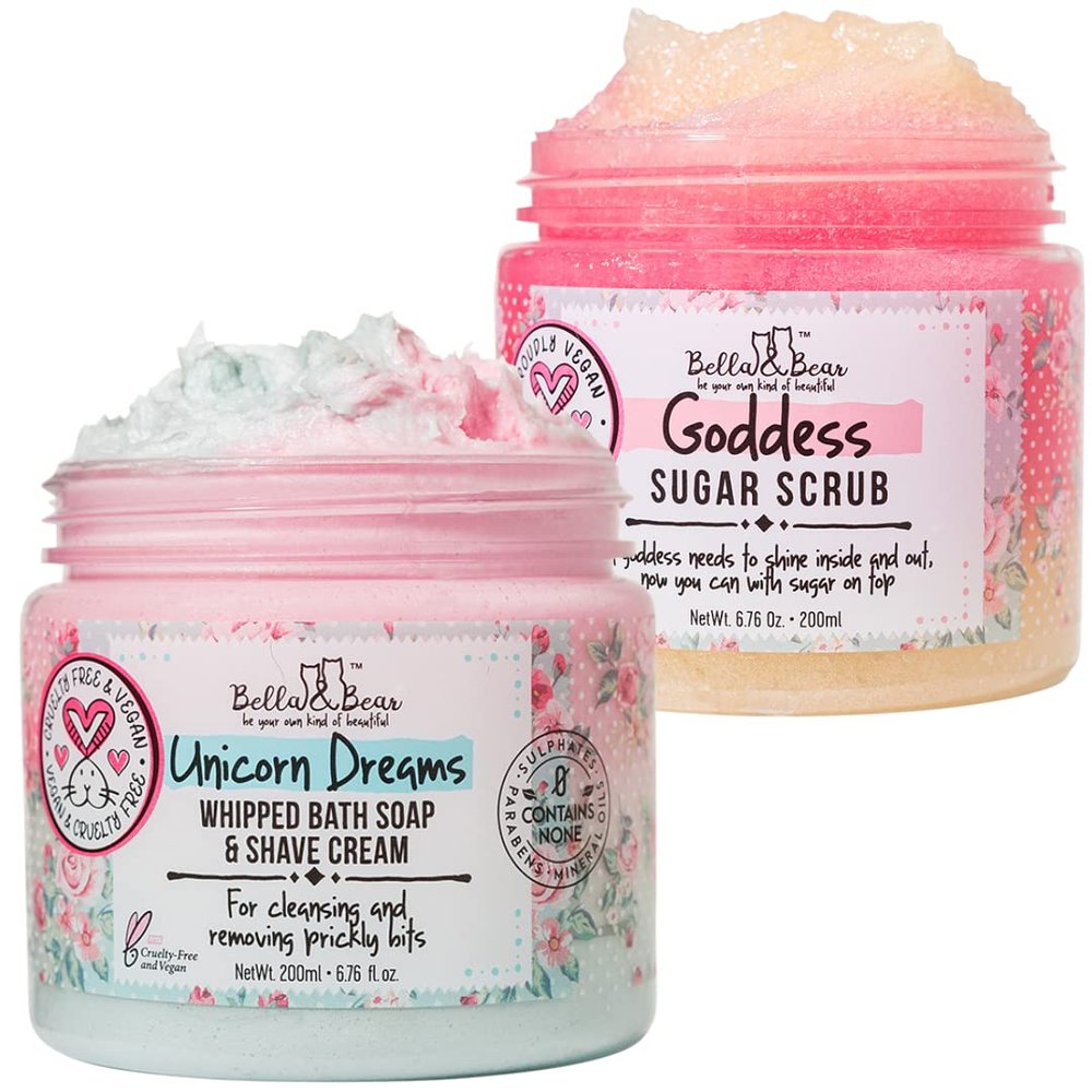 Bella and Bear Goddess Boby Scrub & Unicorn Dreams Whipped Bath Soap & Shave Cream Bundle