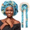 Satin Bonnet Silk Hair Wrap for Sleeping - Reversible Cap with Tie Band Night Cap Double Layer for Curly Hair (Lake Blue Leaves + Champagne) view 1