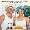 Satin Bonnet Silk Hair Wrap for Sleeping - Reversible Cap with Tie Band Night Cap Double Layer for Curly Hair (Lake Blue Leaves + Champagne) view 2
