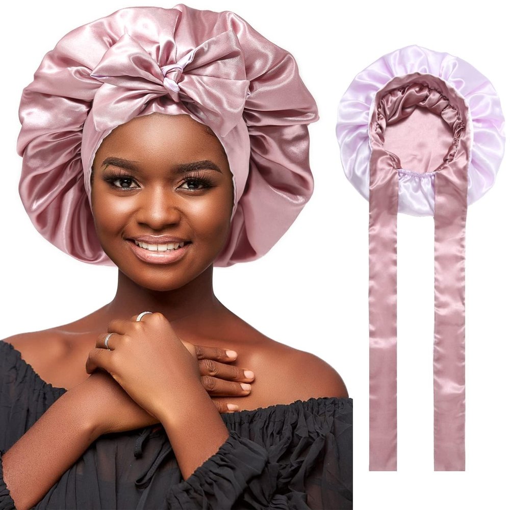 Satin Silk Hair Bonnets for Women Curly Hair Wrap for Sleeping Cap Reversible Bonnet with Tie Band Night Double Layer Sleep Cap ( Reversible Satin Bonnet(Bean Paste + Light Purple)