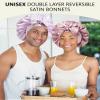 Satin Silk Hair Bonnets for Women Curly Hair Wrap for Sleeping Cap Reversible Bonnet with Tie Band Night Double Layer Sleep Cap ( Reversible Satin Bonnet(Bean Paste + Light Purple) view 2