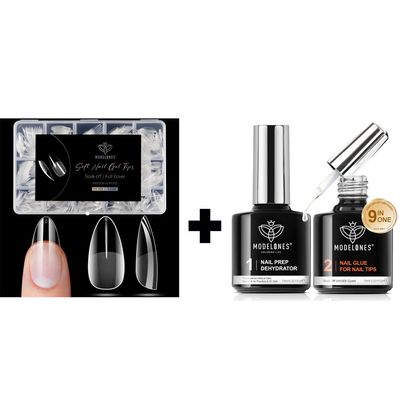 Modelones Fake Nail Tips 510Pcs Almond Shape Medium Clear 15 Sizes and 9 in One Gel Nail Glue Prep Dehydrator