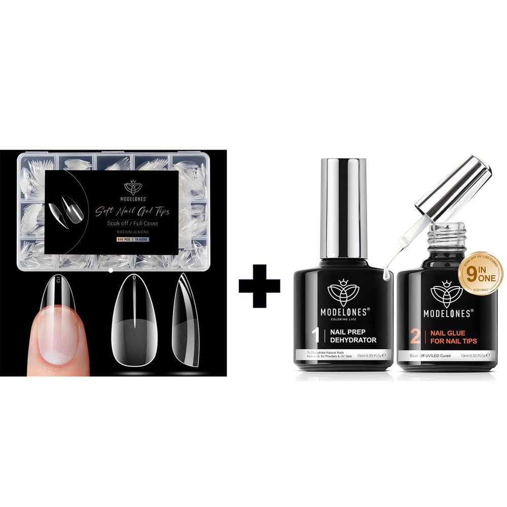 Modelones Fake Nail Tips 510Pcs Almond Shape Medium Clear 15 Sizes and 9 in One Gel Nail Glue Prep Dehydrator