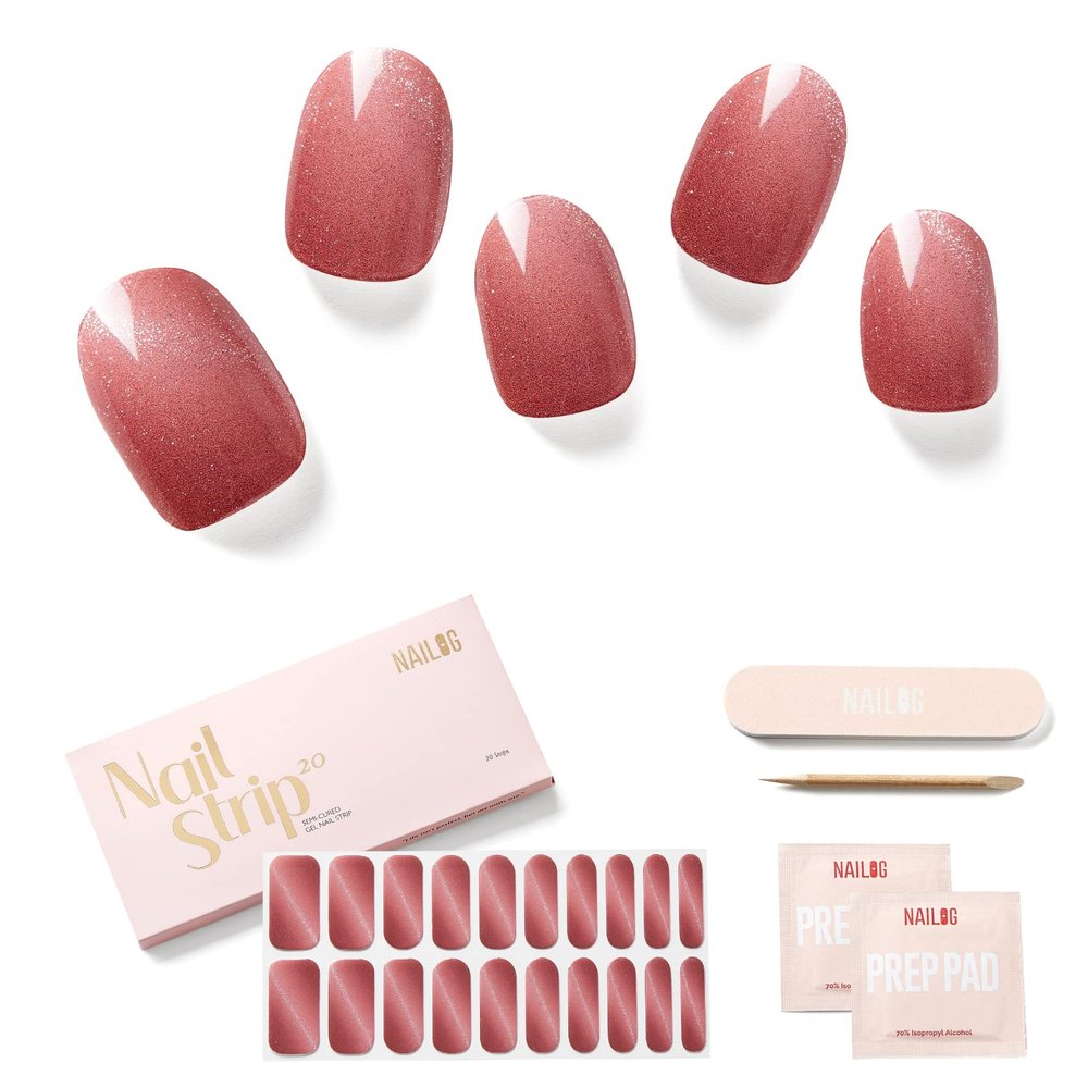 NAILOG Semi Cured Gel Nail Strips, 20Pcs Gradient Pink Lasting Gel Nail Stickers, Salon Quality Easy Apply & Remove Works with Any UV/LED Nail Lamps, Silvery Kahala