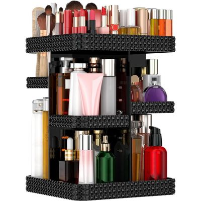 DALEMKY 360 Rotating Makeup Organizer - Black Acrylic Makeup Storage for Vanity, Cosmetic Organizer with Lotion and Perfume Holder for Dresser