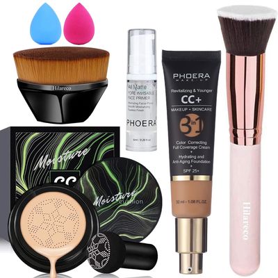 Air Cushion CC Cream Natural Foundation,PHOERA CC+ Cream Color Correcting Anti Aging Hydrating Serum &SPF 25+,PHOERA Primer, Kabuki Brush Foundation Makeup Sponge(#04Buff Beige CC+140 Buff Beige)