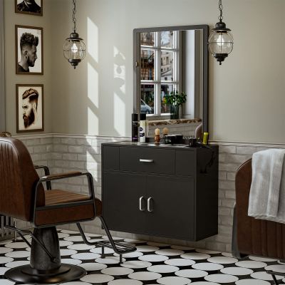 Paddie Wall Mount Salon Station with Mirror, Styling Station Barber Station Spa Salon Equipment w/Appliance Holders/Drawer/Storage Cabinet (Black)