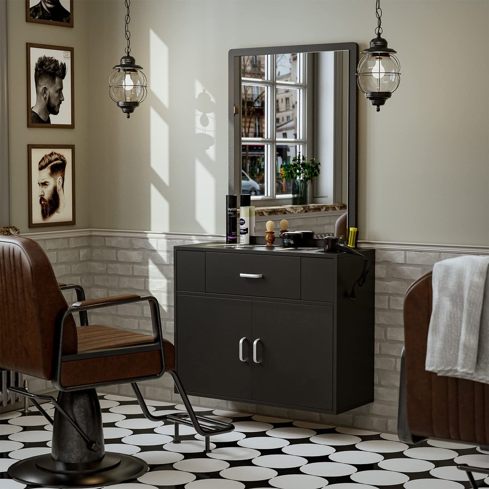 Paddie Wall Mount Salon Station with Mirror, Styling Station Barber Station Spa Salon Equipment w/Appliance Holders/Drawer/Storage Cabinet (Black)