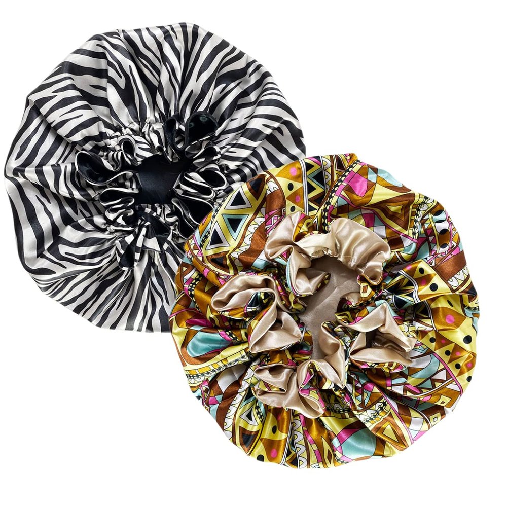 2 Pieces Large Silk Satin Double Layer Printing Sleeping Cap Bonnet for Women Curly Braid Head Hair Cover