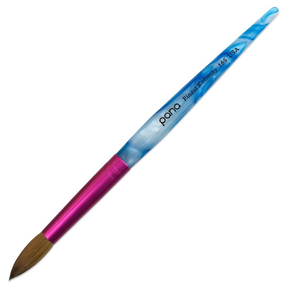 PANA Pure Kolinsky Hair Acrylic Nail Brush - Round Shape Pink Ferrule with White Swirl Blue Handle (Size 16)