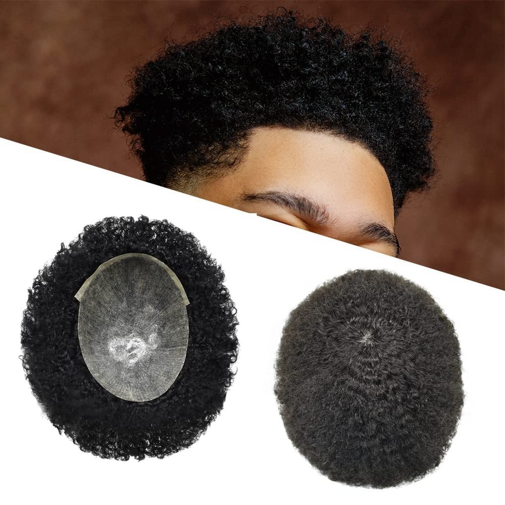 Afro Mens Toupee 6mm Afro Curl Wigs for Men Full Poly Skin PU Injection Human Hair Men Replacement System 360 Waves Knotless Natural Afro Kinky Curl Hair Units Toupee for Black Men (6MM Afro Wavy, 1# Jet Black)