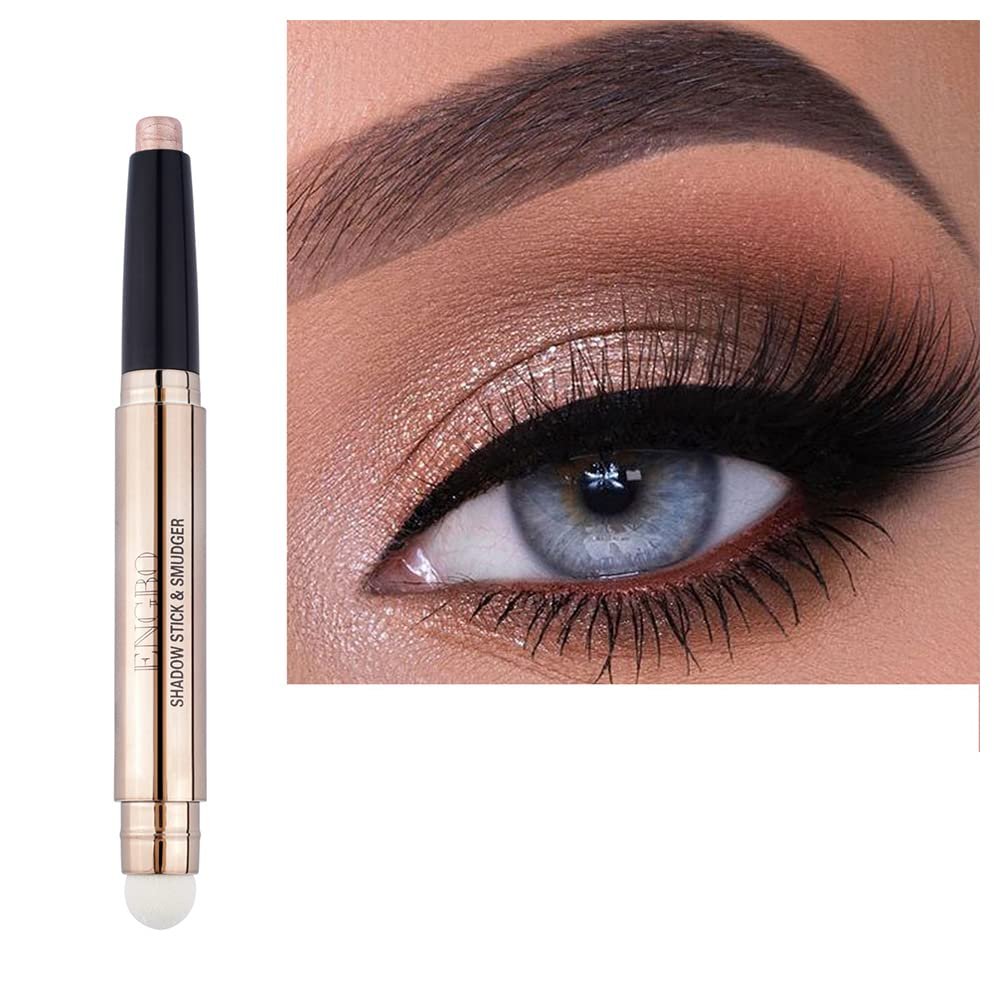 Ofanyia Eyeshadow Sticks, 2 in 1 Cream Shimmer Eye Shadow Pencil Crayon, Waterproof Long Lasting Eye Shadow Highlighter Stick, Double End Eyeshadow Pen with Sponge Brush (03# Rose Gold Shimmer)