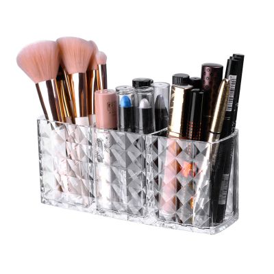 Koomuao Acrylic Makeup Brush Holder Organizer,Crystal Makeup Brush with 3 Slots Holders for Lipsticks, Hair Accessories, Beauty Tool in Vanity, Bathroom, Dresser