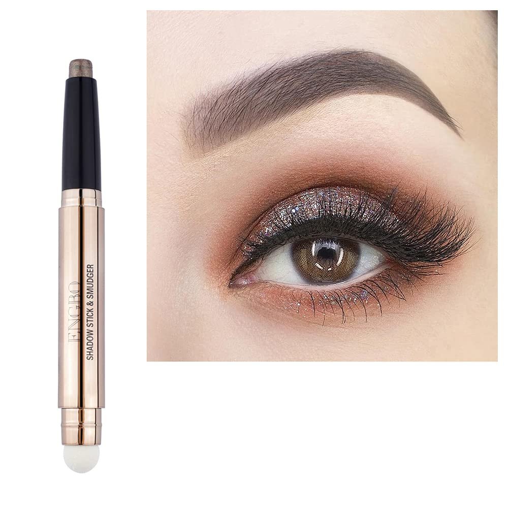Ofanyia Eyeshadow Sticks, 2 in 1 Cream Shimmer Eye Shadow Pencil Crayon, Waterproof Long Lasting Eye Shadow Highlighter Stick, Double End Eyeshadow Pen with Sponge Brush (07# Cocoa Shimmer)