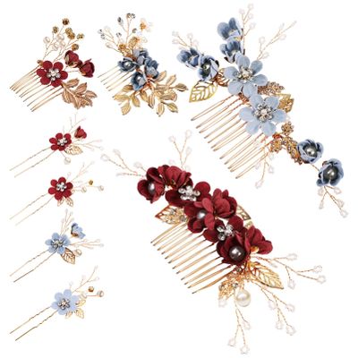 NUOBESTY 8pcs Wedding Hair Comb Set Pearl Crystal Bride Hair Accessories Floral Bridal Hair Side Comb Clips for Wedding Bridesmaid Women and Girls(Grey+Red)