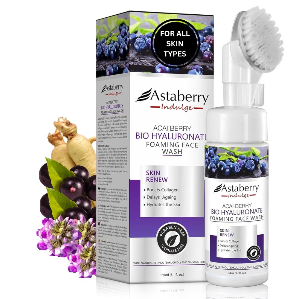 Acai Berry Foaming Face Wash Daily Facial Cleanser | Hyaluronic Acid, Silicon Exfoliating Scrub Brush | Anti Aging, Hydrating, Acne, Dark Spot Control for Sensitive Dry Oily Skin