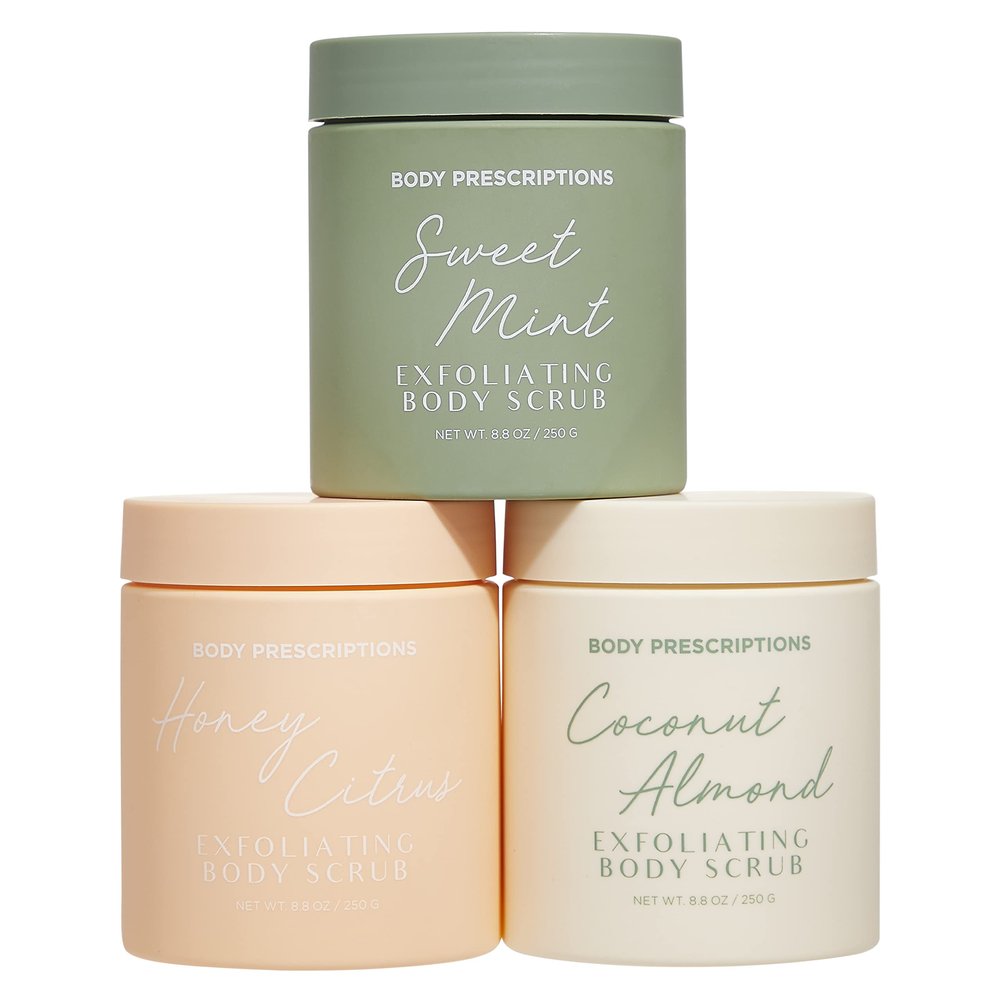 Body Prescriptions Exfoliating Body Scrub  Body Cleanser for Nourished, Ultra-Smooth Skin, Honey Citrus, Coconut Almond, and Sweet Mint