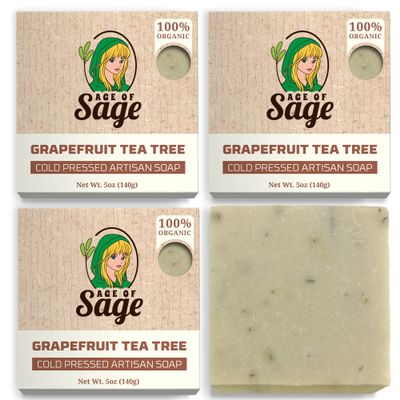 Age of Sage Natural Bar Soap for Women - Vegan Bath Soap Bars Gift Set - Handmade Cold Process Artisan Soap with Essential Oil, Moisturizing Wash Soaps, Fragrant Grapefruit Tea Tree Scent (4 Pack)