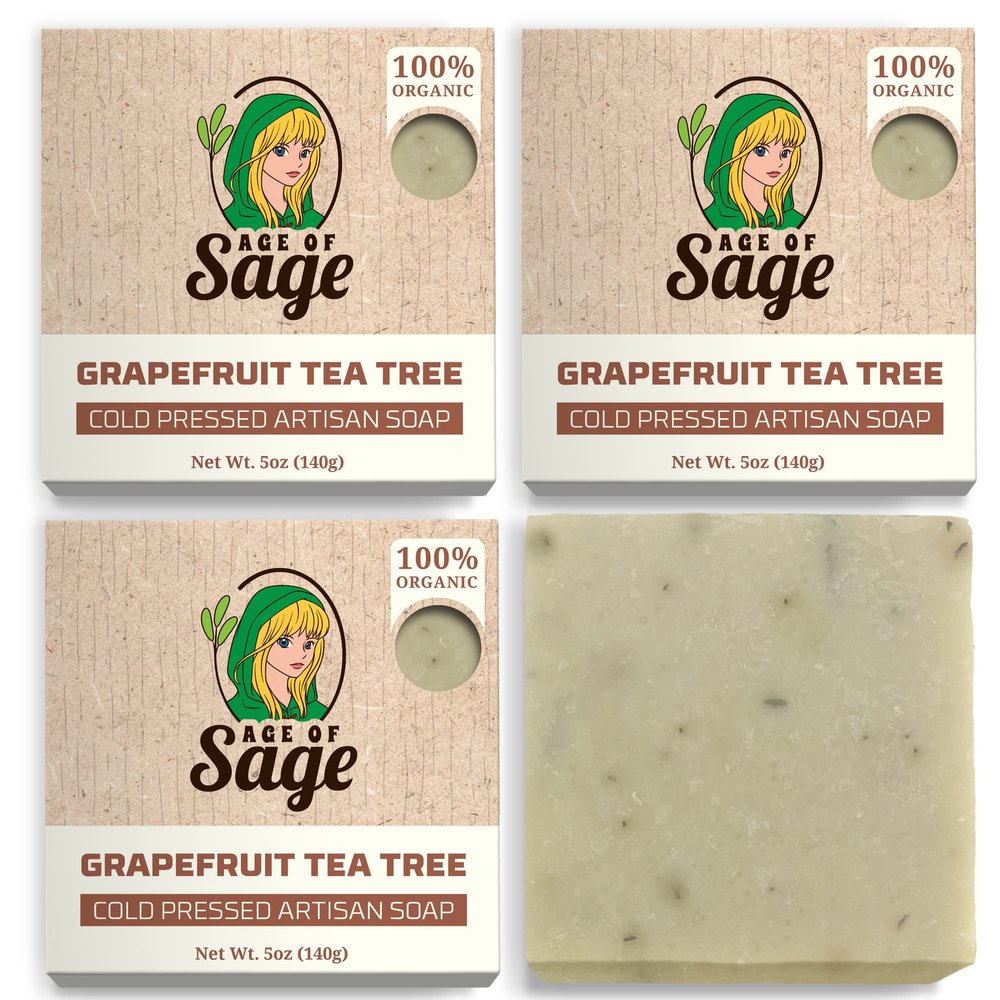 Age of Sage Natural Bar Soap for Women - Vegan Bath Soap Bars Gift Set - Handmade Cold Process Artisan Soap with Essential Oil, Moisturizing Wash Soaps, Fragrant Grapefruit Tea Tree Scent (4 Pack)