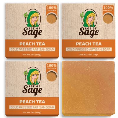 Age of Sage Natural Bar Soap Gift Set for Women - Vegan Bath Handmade Cold Process Artisan Soap with Essential Oil, Aromatic All Moisturizing Wash Soaps, Fragrant Peach Tea Scent (4 Pack)
