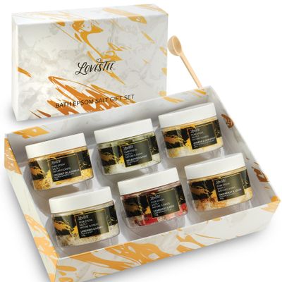 Christmas Epsom Salt Spa Gift Set of 6 Bath Salts - Coconut Vanilla, Jasmine Osmanthus, Eucalyptus Mint, Lavender Honey, Chamomile Rose, Grapefruit Lemon for Bath Gift Set for Women Baskets