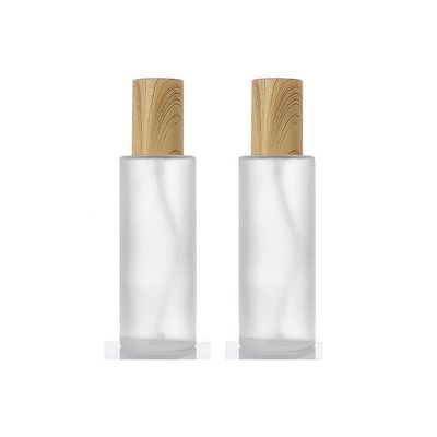 2PCS 60ml/2oz Empty Clear Frosted Glass Cosmetic Lotion Bottle with Plastic Wood-Grain Lid Refillable Travel Toiletries Container Pump Dispenser Vials Pot Jars for Cream Foundation Emulsion Oil