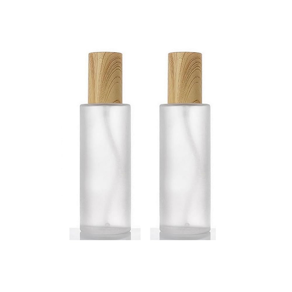 2PCS 60ml/2oz Empty Clear Frosted Glass Cosmetic Lotion Bottle with Plastic Wood-Grain Lid Refillable Travel Toiletries Container Pump Dispenser Vials Pot Jars for Cream Foundation Emulsion Oil