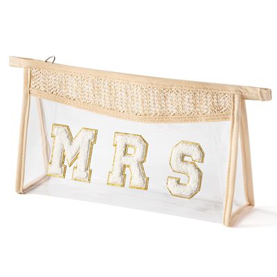 Belanttega Boho Patch Cosmetic Bag - Summer MRS Chenille Varsity Letter Toiletry Bag Beige Clear Waterproof Travel Makeup Pouch PVC Zipper Clutch Daily Use Purse Summer Beach Gifts for Women Girls