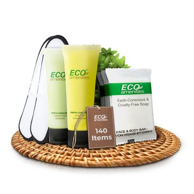 ECO amenities 140-Piece Bulk Hotel Toiletries Set - TSA-Approved Travel Shampoo & Conditioner - 14 g Bar Soap Bulk - 40 1 fl oz Shampoo & Conditioner, 20 Slipper Pairs