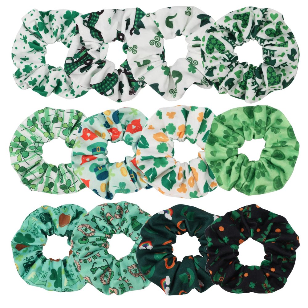 12pcs St. Patrick's Day Hair Scrunchies for Women Love Green Shamrock Elastics Hair ties Hair Accessories Irish Lucky Clover Party Costume Supplies