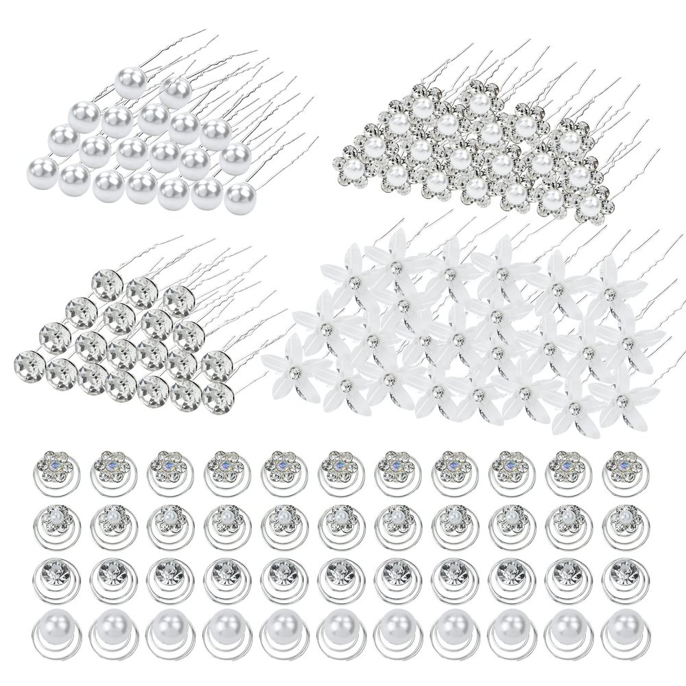 inSowni 128 Pack Silver Pearl Flower Rhinestone Crystal Bridal Wedding Hair U-shaped Hair Pins+Spiral Twist Hair Clips Barrettes Prom Headpieces Formal Hair Pieces Accessories for Brides Bridesmaids Women Girls