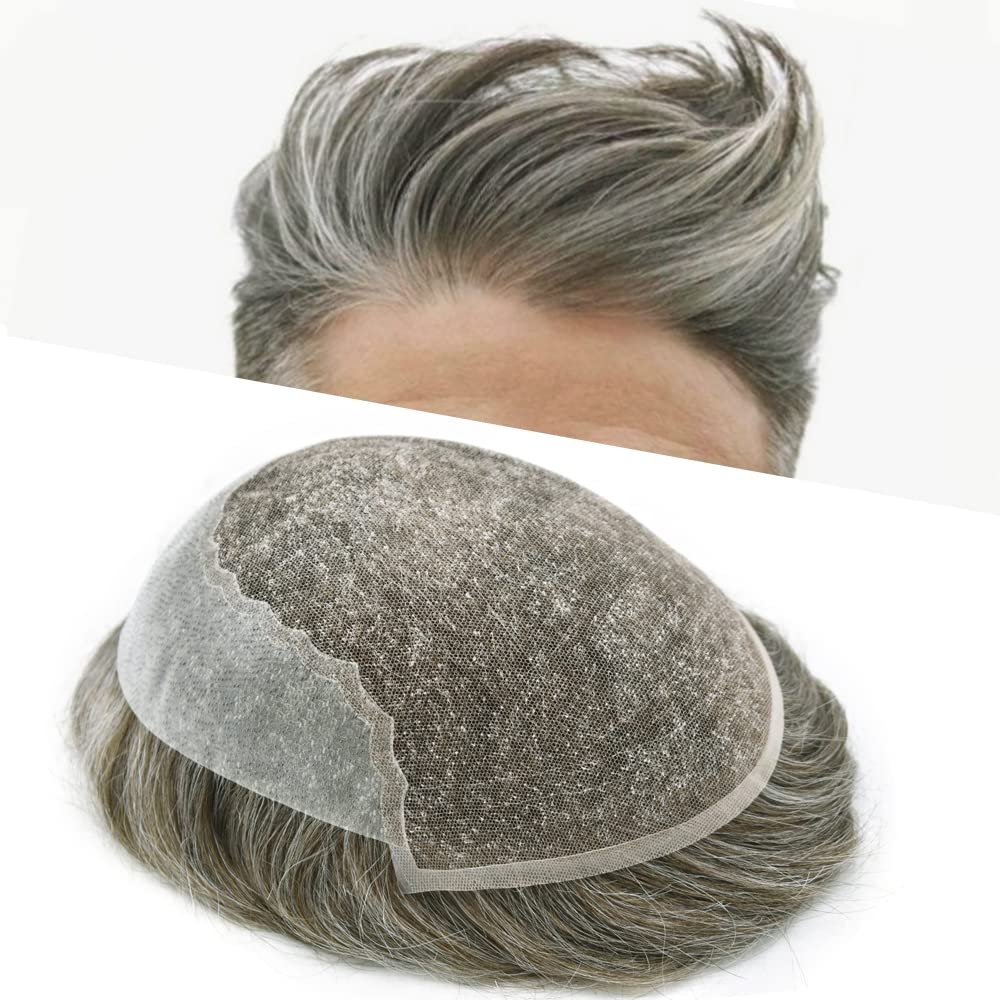 French Lace Front Toupee For Men Hairpieces Bleached Knots Natural Hairline Thin Skin Human Hair Replacement System Lace With PU Mens Wigs Hair Prosthesis (7"x9", 730 7# WITH 30% SYNTHETIC GREY)