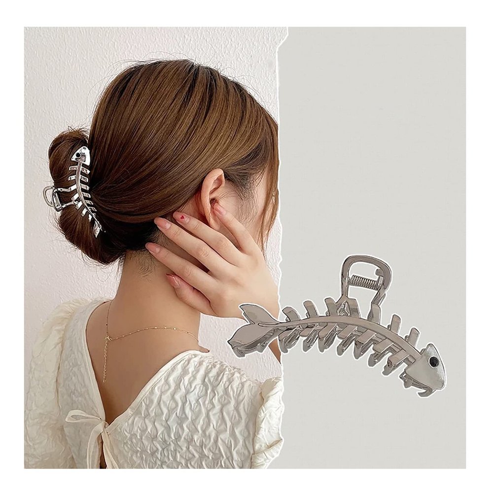 1PCS Gold Metal Hair Claw Clip Fish Bone Shape Hair Clip Nonslip Hair Clamps Design Big Jaw Clips Vintage Hair Pins Fashion Hair Accessories For Women (C-Gun black)