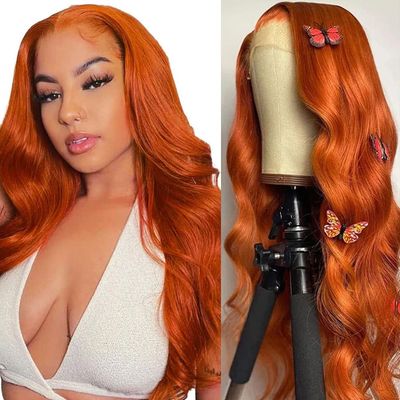 13X4 Orange Ginger Lace Front Wigs Human Hair Pre Plucked Brazilian Colored Body Wave Human Hair Wigs for Black Women HD Lace Frontal Wig Human Hair 180 Density (28 Inches)