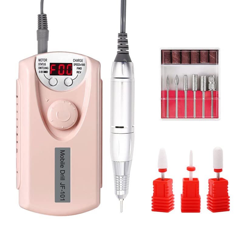 Portable Rechargeable Electric Nail Art Tips Polish Manicure Drill File Machine Tools -Pink