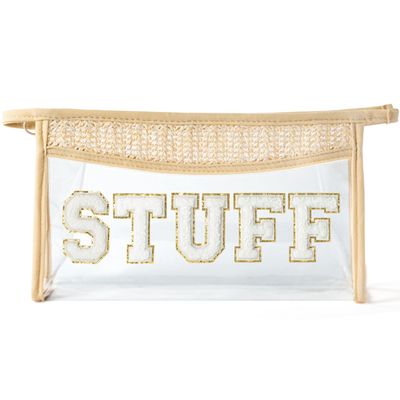 Belanttega Boho Patch STUFF Cosmetic Bag - Summer Preppy STUFF Chenille Varsity Letter Toiletry Makeup Bag Clear Waterproof Travel Beach Makeup Pouch PVC Zipper Clutch Daily Use Purse for Women Girls