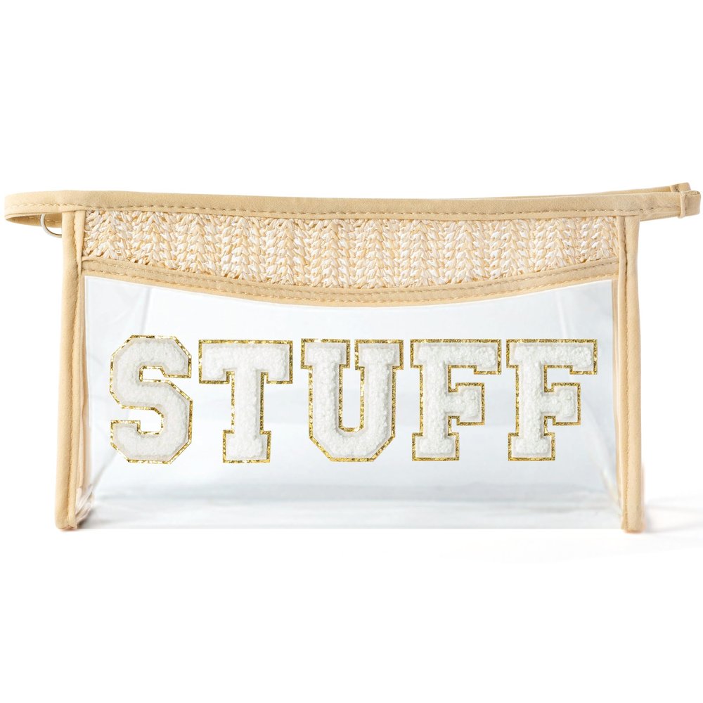 Belanttega Boho Patch STUFF Cosmetic Bag - Summer Preppy STUFF Chenille Varsity Letter Toiletry Makeup Bag Clear Waterproof Travel Beach Makeup Pouch PVC Zipper Clutch Daily Use Purse for Women Girls