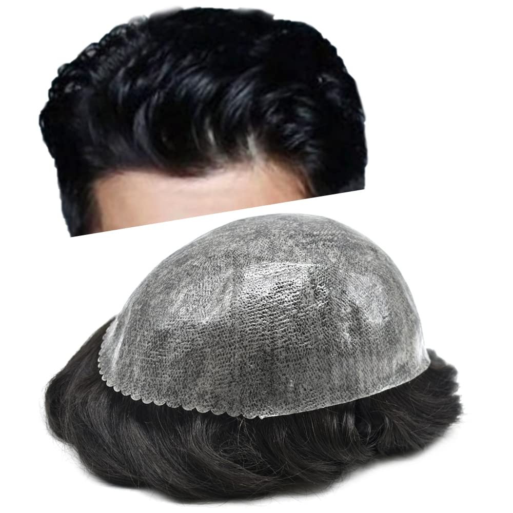 Mens Toupee Full Poly Injection Pu Human Hair System for Men Natural Hairline Hair Unit Replacement Wig (#1 Jet Black)