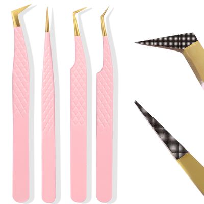 Fiber Tip Lash Tweezers For Eyelash Extension 4 Pcs Tweezers Professional Artist Tech Work Kit Tools,Best Volume Eyelash Lashes Extensions Precision Supplies Volume Boot 90 45 Degree(Pink)