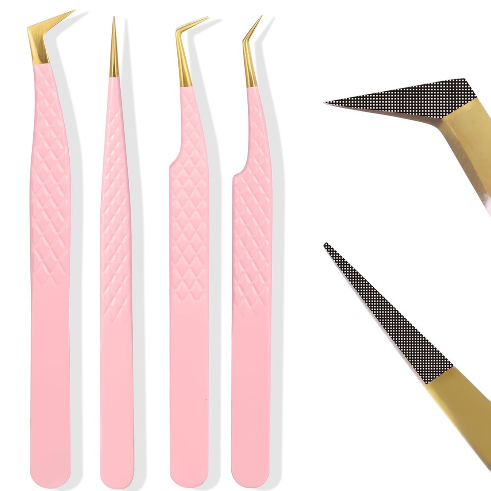 Fiber Tip Lash Tweezers For Eyelash Extension 4 Pcs Tweezers Professional Artist Tech Work Kit Tools,Best Volume Eyelash Lashes Extensions Precision Supplies Volume Boot 90 45 Degree(Pink)