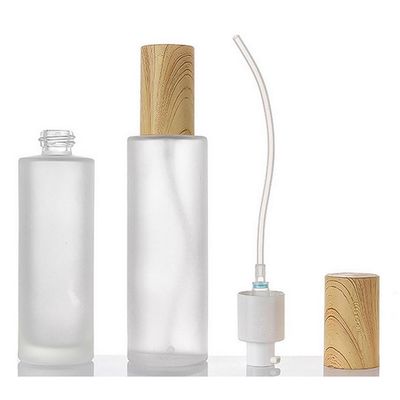 2PCS 120ml/4oz Empty Clear Frosted Glass Cosmetic Lotion Bottle with Plastic Wood-Grain Lid Refillable Travel Toiletries Container Pump Dispenser Vials Pot Jars for Foundation Emulsion Oil