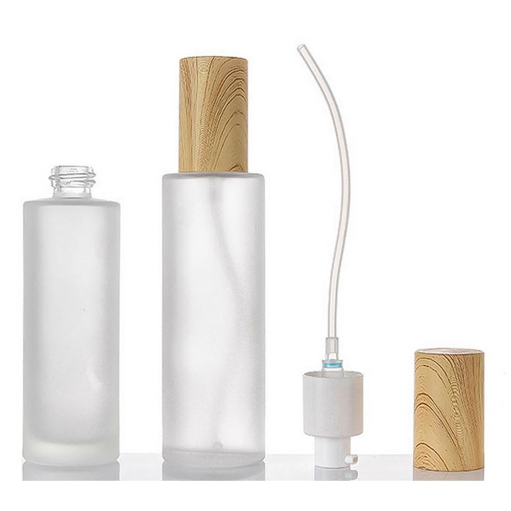 2PCS 120ml/4oz Empty Clear Frosted Glass Cosmetic Lotion Bottle with Plastic Wood-Grain Lid Refillable Travel Toiletries Container Pump Dispenser Vials Pot Jars for Foundation Emulsion Oil