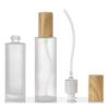 2PCS 120ml/4oz Empty Clear Frosted Glass Cosmetic Lotion Bottle with Plastic Wood-Grain Lid Refillable Travel Toiletries Container Pump Dispenser Vials Pot Jars for Foundation Emulsion Oil view 1