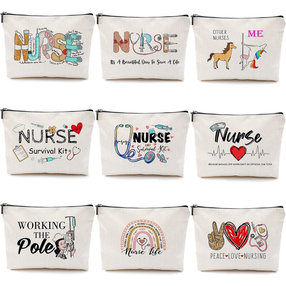 Pinkunn 9 Pcs Christmas Gifts Nurse Makeup Bags Nursing Gifts for Women Cosmetic Bag with Zipper Nursing Travel Toiletry Bag Survival Kit for Birthday Gift Funny for Nurses Student Thank You