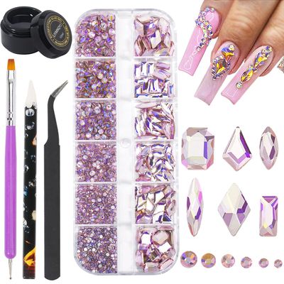 Nail Rhinestones Kit Round Flat Back Rhinestones 1500Pieces Multi Shape Pink AB Nail Gems 10ml Gel Nail Glue with Nail Crystals Diamonds Jewelry Rhinestones for Nail Design DIY Crafts Decoration